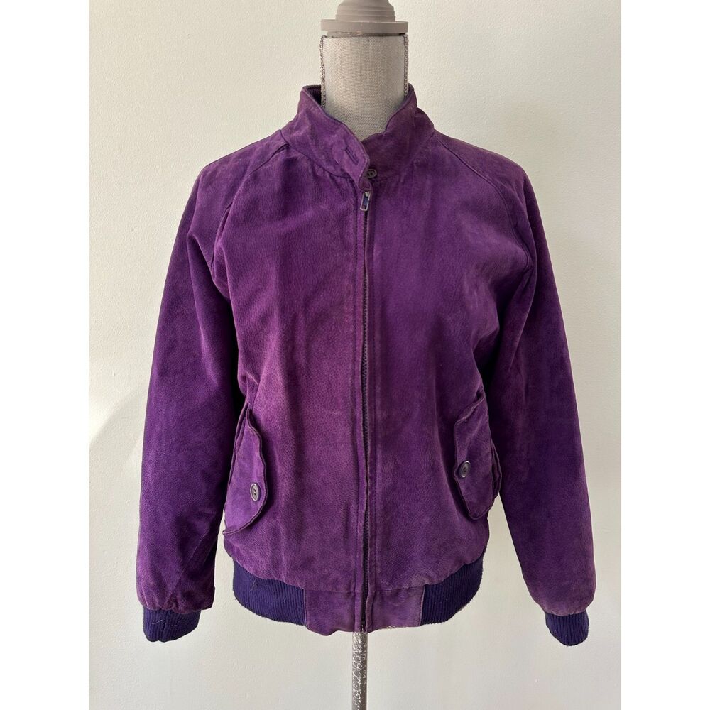 Vintage Purple Suede Bomber Jacket Real Leather Zip Front Ribbed Knit Size S